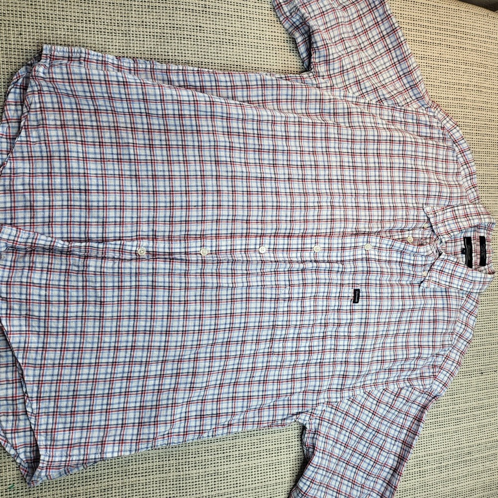 Faconnable Shirt Mens XL White Red Blue Plaid Short Sleeve Linen‎ Button Front